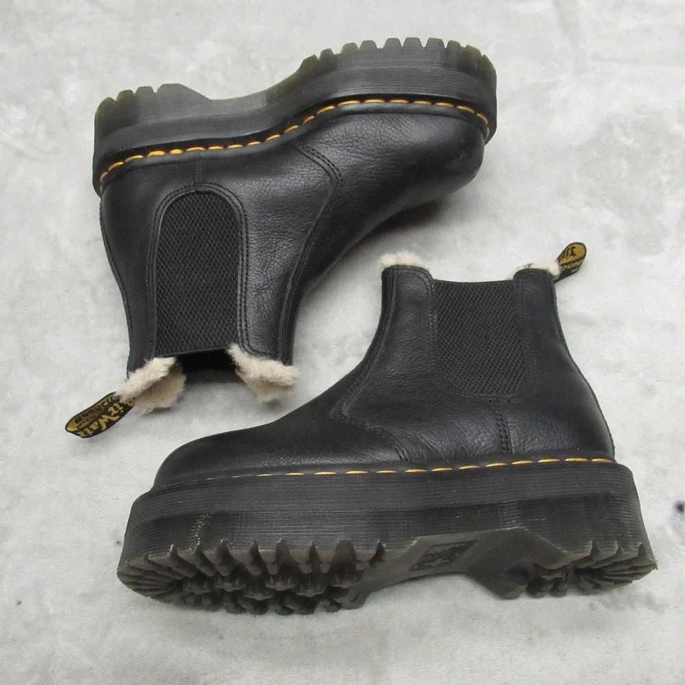 Dr Martens Unisex W5 M4 Boots Black‎ Leather Quad Platform Lug Faux Fur Chelsea